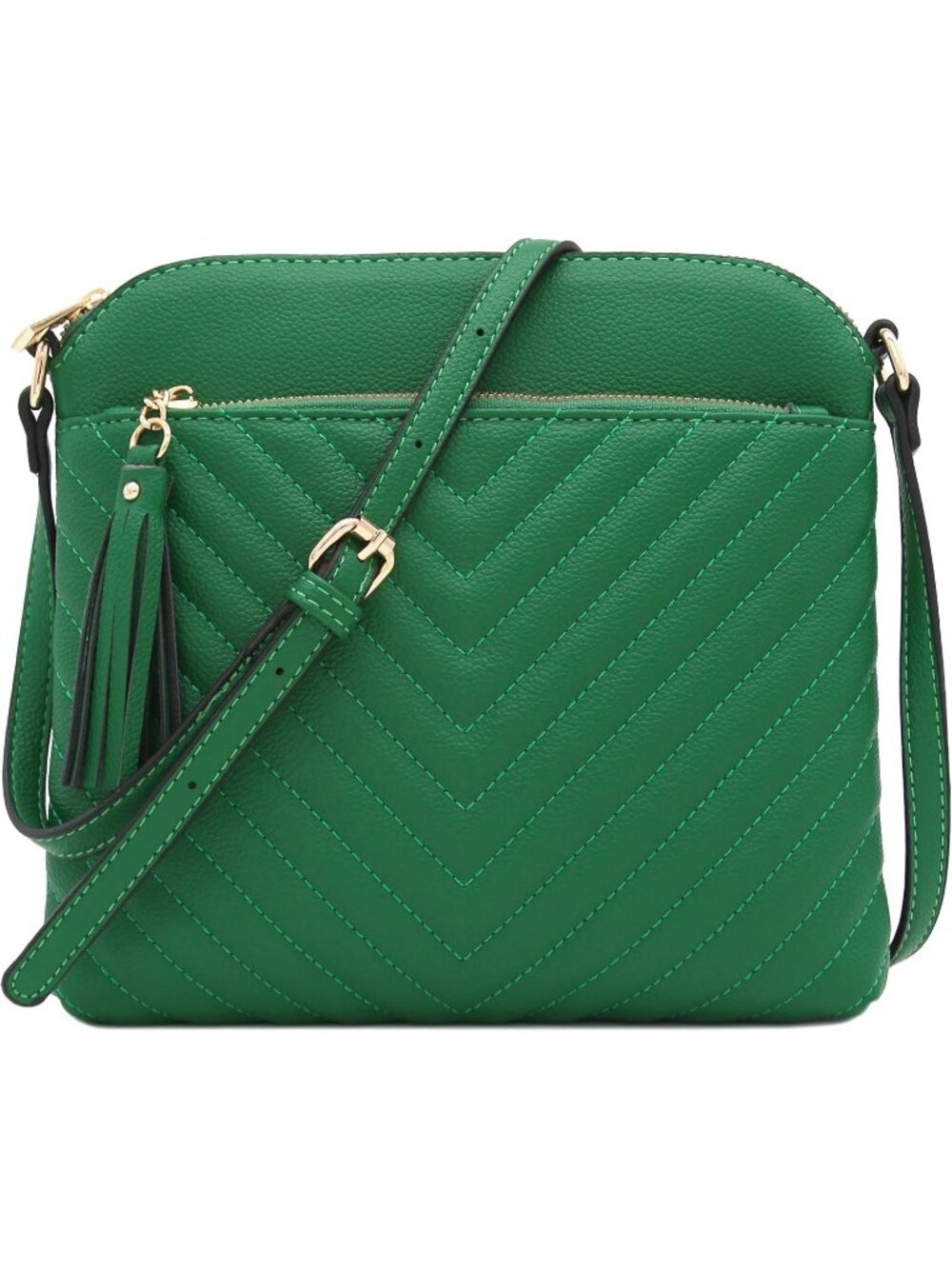 Women's Kelly Green Chevron Quilted Medium Tassel Accent Shoulder Crossbody Bag